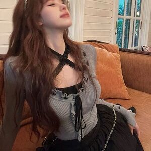 Gray Ribbed Knit Top + Black Lace tank+ skirt